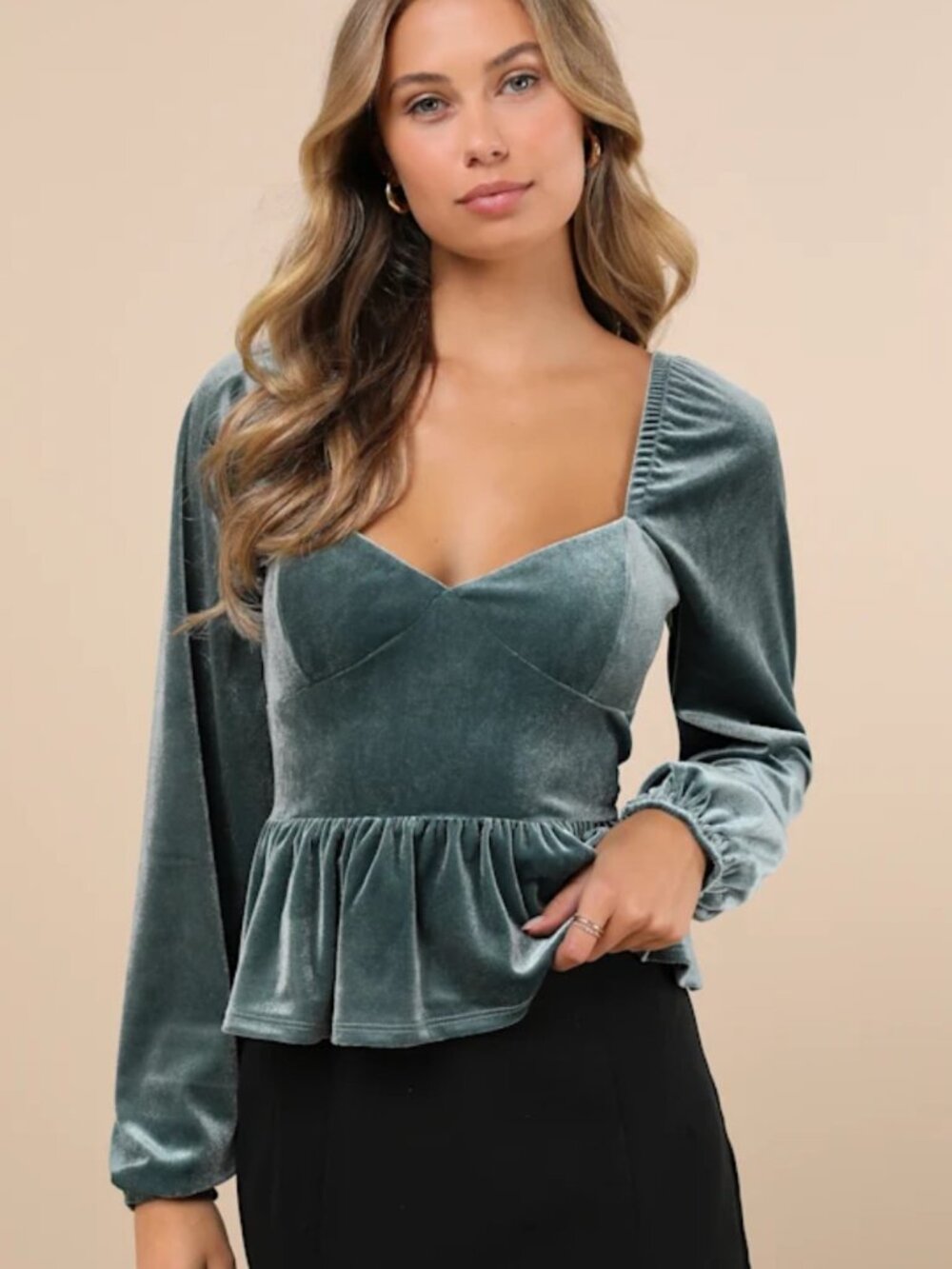Lulus Marvelously Sweet Sage Blue Velvet Long Sleeve Peplum Top NWT - Picture 4 of 7